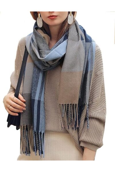 STARSTAR Women's faux cashmere scarf powder blue plaid tassel warm.