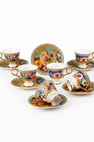 ALBETTO 90 ml Turkish Coffee Cup Set Patterned Porcelain Coffee Cup with Gold...