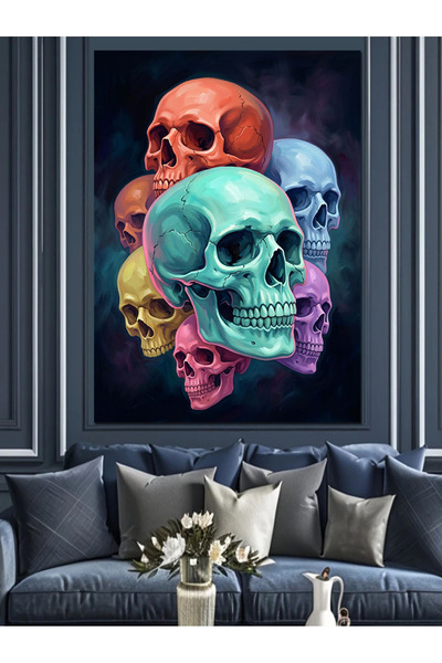 Artmeg Pânză decorativă cu cranii colorate în stil Pop Art - Tablou din lemn MDF