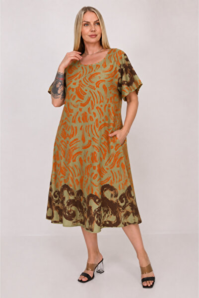 Butik Ayseba Plus Size Lined Cotton Printed A-Line Dress