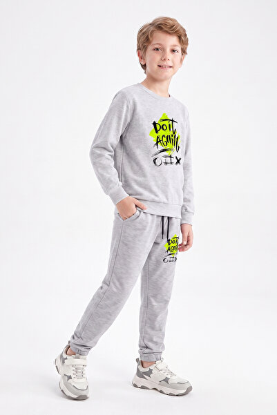 FYK KİDS Boy's Printed Crew Neck Double Pocket Tracksuit Set