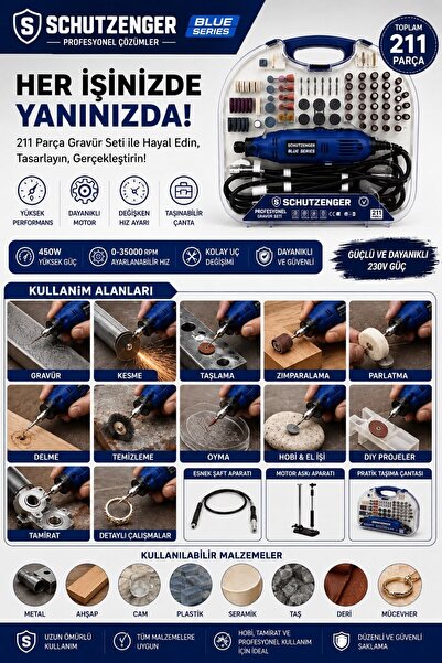 SCHUTZENGER 211 PARÇA GRAVÜR MAKİNESİ OYMA TAŞLAMA ZIMPARALA DELME KESME SETİ...