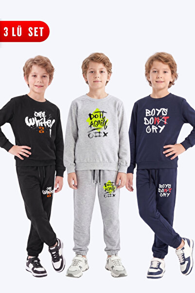 FYK KİDS 3-Piece Boys' Printed Crew Neck Double Pocket Tracksuit Set