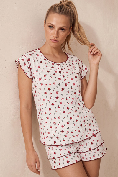 Siyah İnci White Pink Floral Patterned Wrinkled-Scrunch Shorts Pajama Set 261...