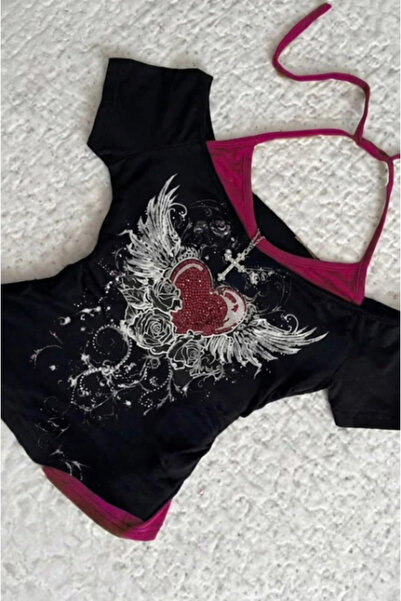 BALİNA Siyah Rose Red Heart Ek Askılı Gotik Y2K Kısa Kollu Crop