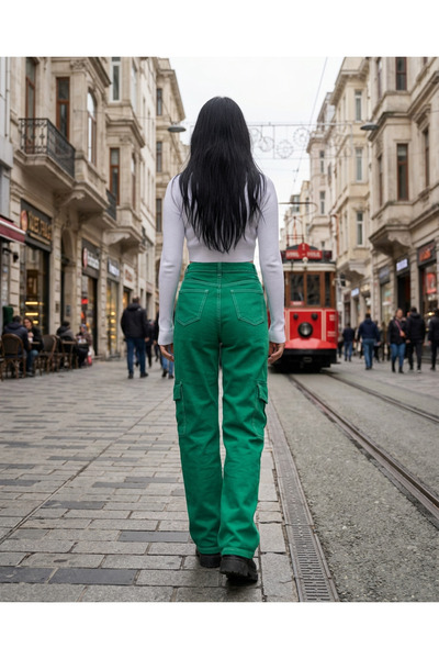 harmony factory Yeşil Kargo Cepli Yüksek Bel Wide Leg Bol Paça Kot Pantolon