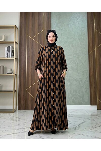 MİSMOLY Patterned Daily Hijab Dress with Buttons and Pockets