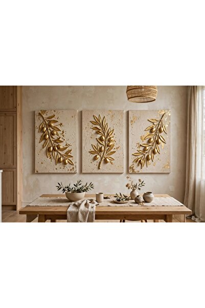 HDART 3 lü Zeytin Dalı Gold Tablo-3D Kabartma Görünümlü Altın Gold Yaprak Kan...