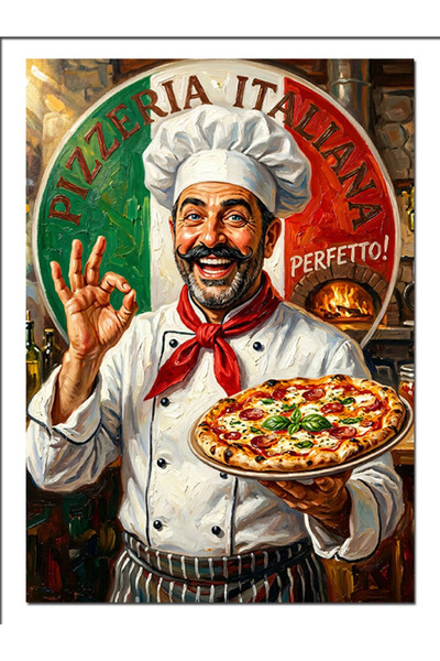 Tablo Mega Pizza Tutan Neşeli İtalyan Aşçı Dekoratif Kanvas - Mdf Ahşap Tablo