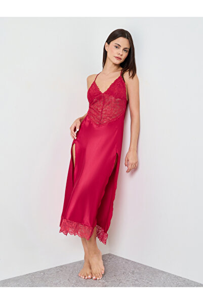 Take Two By Styli Burgundy Lace-Trim Slip Dress with Side Slit