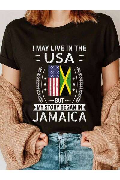 25W العلم الأمريكي الجامايكي - تي شيرت My Story Began In Jamaica ذو الأكمام ا...