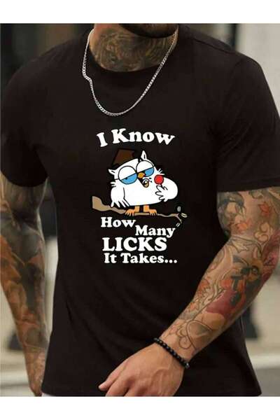 25W I Know How Many Licks It Takes Letters And Cartoon Owl Printed T-Shirt, M...