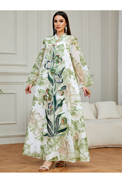 Take Two By Styli Green Leaf Print Sequin A-Line Maxi Jalabiya