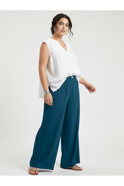 Take Two By Styli Plus Size Blue Button Detail Wide Leg Trousers