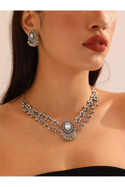Take Two By Styli Pack of 3 - Silver Tone Rhinestone Embellished Floral Neckl...