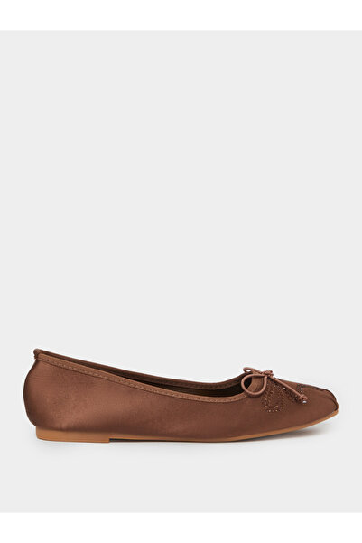 Styli Brown Bow and Sequin Details Satin Square Toe Ballerina