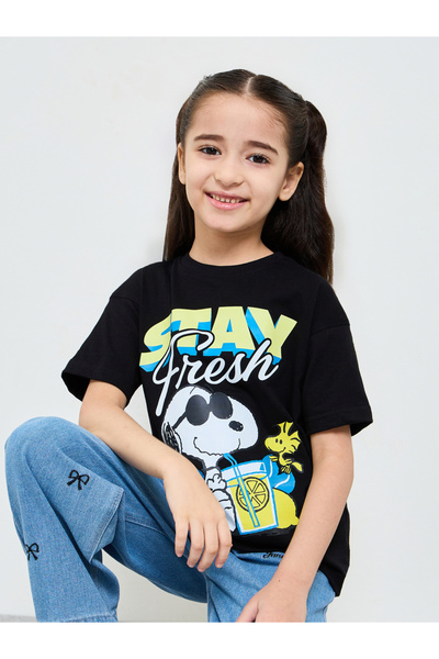 Styli Girls Black Snoopy Oversized Short Sleeve T-Shirt