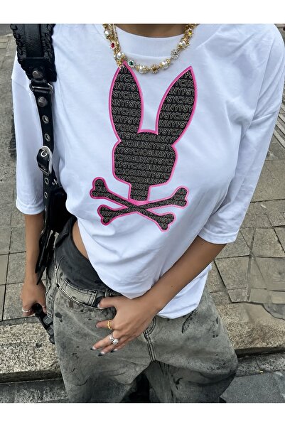 Generic Brand Pink Bunny with Crossbones and Psycho Text,crew neck,comfy ligh...
