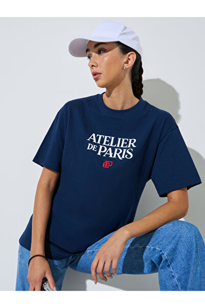 Styli Navy Blue Slogan and Embroidered Cotton T-Shirt