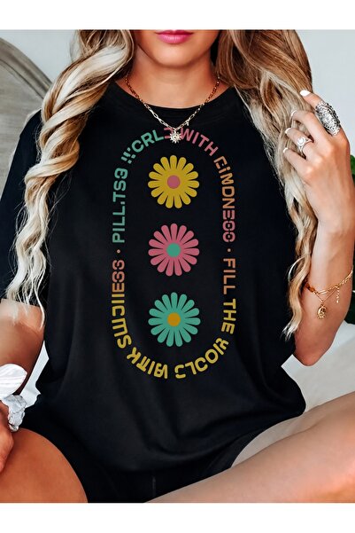 Generic Brand Colorful Retro Flowers With Inverted Text,casual wear,back to s...