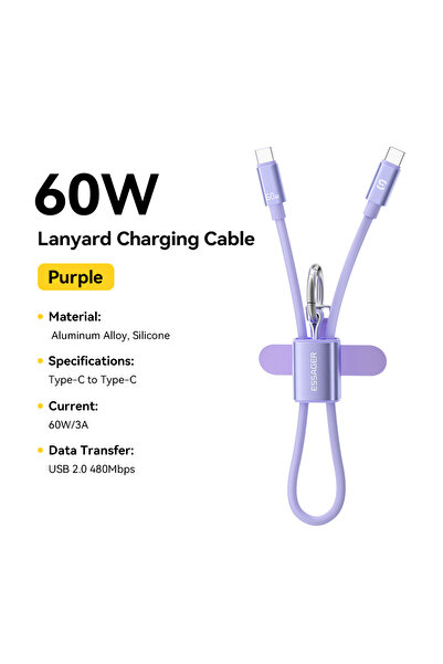 Choice1 ESSAGER 0.3m 60W Purple 0.3M Essager 60W USB Type C Lanyard Charging ...