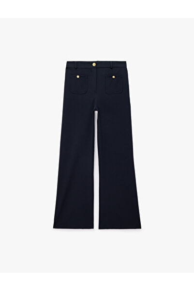 Koton Yüksek Bel Metal Düğme Aksesuarlı Cepli Regular Fit Geniş Paça Pantolon