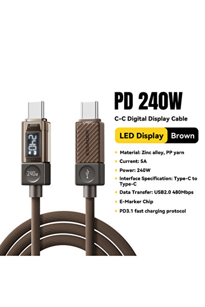 Choice ESSAGER 1m 240W C To C Brown Essager 240W USB C Cable for iPhone 17 16...