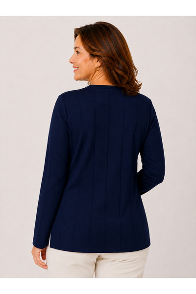 MISSRUBA Women's Medium and Above Age Navy Blue Ribbed Slit Mother Blouse