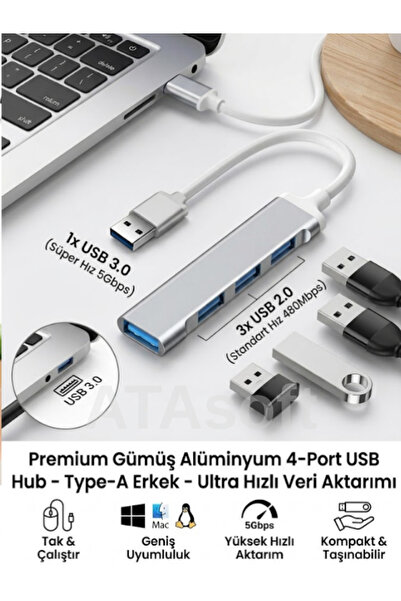 Yüksek Hızlı 4 Portlu USB Çoklayıcı Hub - 1x USB 3.0 & 3x USB 2.0 Tak Çalıştır USB Çevirici Çoğaltıcı Hub