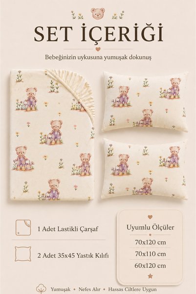 Bebelz 100% Cotton Pink Teddy Bear Patterned Baby Elastic Sheet Set - 2 Pillowcases 60X120 / 70X120 / 70X110 Mother's Side - Park Bedding