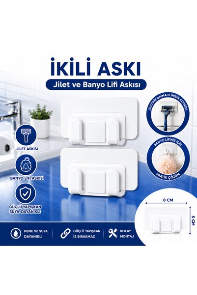 Razmo İkili Jilet ve Banyo Lifi Askısı – Yapışkanlı Duvar Askısı – Banyo Orga...