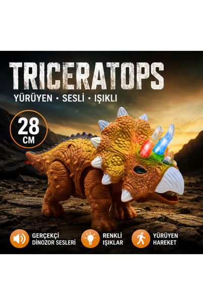 LRS STORE Sesli Işıklı Triceratops Dinozor Oyuncak 28 cm Yürüyen Dinazor Figü...