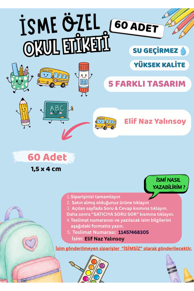 VORACRAFT İsme Özel Okul Etiketi 60 Adet Yüksek Kalite Su Geçirmez İsim Etike...