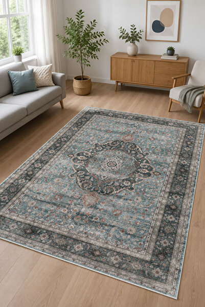 Toronto Home Dijital Kaymaz Yıkanabilir Mavi Vintage Eskitme Salon Halısı Mut...