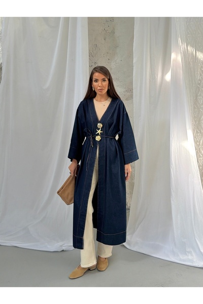 Hatun Atila V-Neck Accessory Belted Long Denim Kimono 9133 - Navy Blue