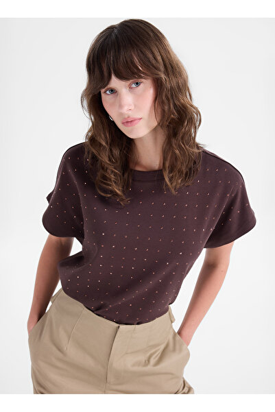 Fabrika Kahverengi Kadın Relaxed Taşlı T-Shirt F5WL-TST0247