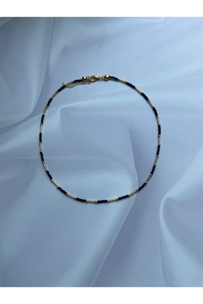 Burçin Örbük Accessory Siyah Kum Boncuk Gold Boru Detaylı Kolye