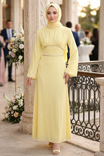 N.S NEVA STYLE Saten Sarı Tesettür Abiye Elbise 61592SR