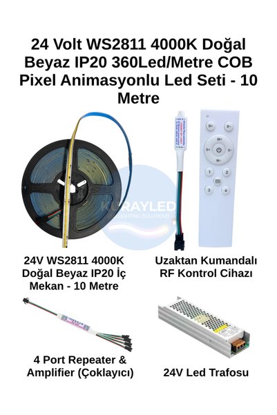 4000K IP20 COB Pixel LED Seti | 24V Doğal Beyaz Pixel LED + RF Kontrolcü + 4'lü Repeater | 10-30 Metre