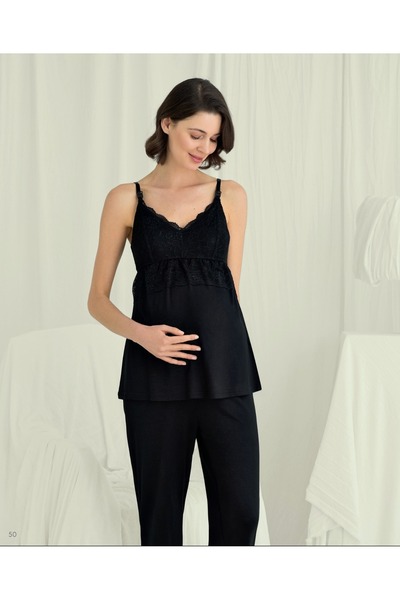 MONAMİSE Black 3-Piece Maternity Set, Women's Viscose Pajama Set with Breastfeeding Feature, V-Neck Lace Maternity Pajama and Robe Set