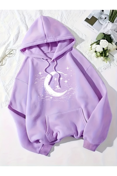 uyguntarz Unisex Star Moon Printed Oversize Hoodie Hooded Sweatshirt