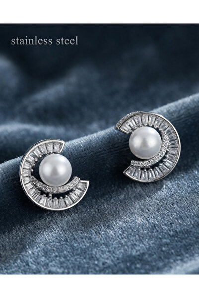 stainless steell Brass Silver Color Zircon Stone Snail Model Pearl Detail Ear...