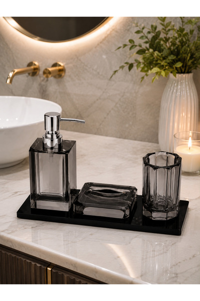 Hinora 3-Piece Glass Bathroom Accessory Set – Liquid Soap Dispenser with Tray...