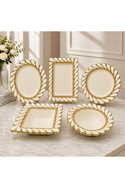 Hinora 5-Piece Porcelain Presentation Set – Gold/Silver Detailed Twisted Patt...