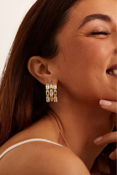 ZENA ACCESSORİES SHİNE BAGET TAŞLI GOLD ÇELİK KÜPE