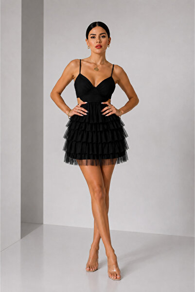 Miss Women's Layered Tulle Ruffled Rope Strap Low Waist Mini Evening Dress