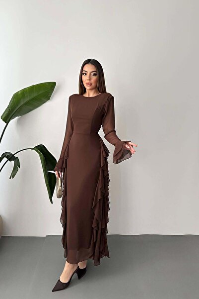 Moda Days Women's Brown Chiffon Long Sleeve Round Neck Flounce Maxi Dress