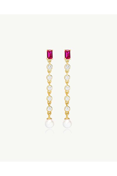 Stemma Jewelry Cercei Ruby Pearl Drop din Argint 925, cu Zirconiu, Placat cu Aur