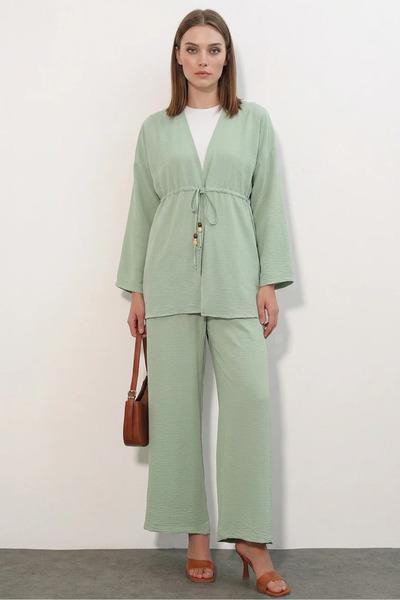 Generic Brand Women's V-Neck High Waist Belted Green Suit
