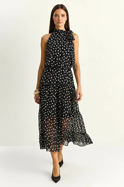 Şeker Portakalım Women's Polka Dot Halter Neck Lined Black Dress